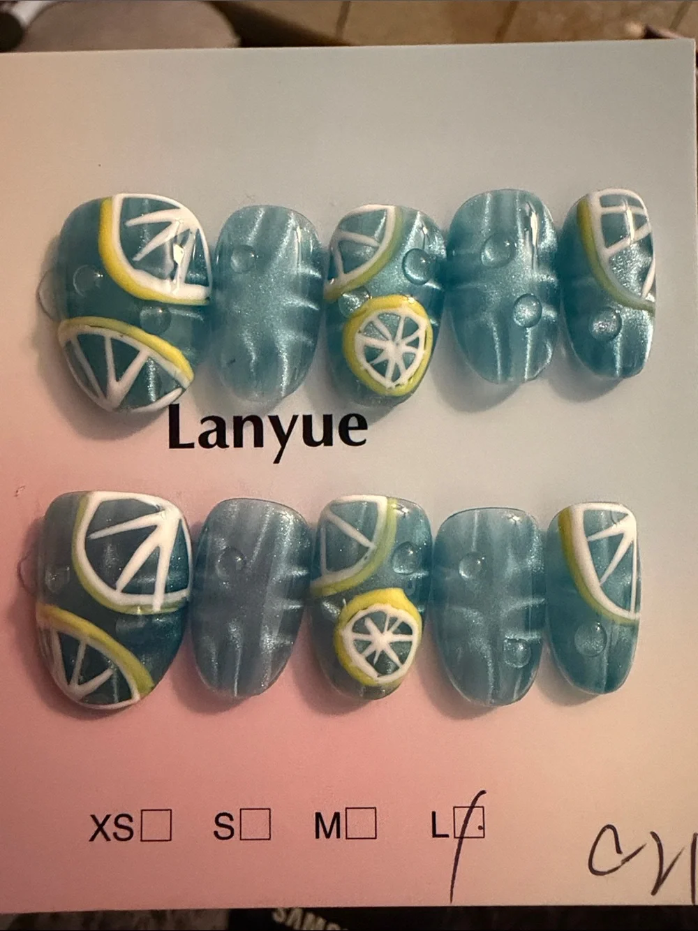 Teal Citrus handmade acrylic Press-On Nail Set by Lanyue
